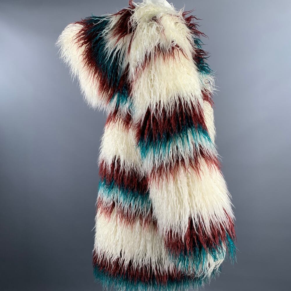 FRIED RICE One Size White Burgundy Teal Stripe Polyester Faux Fur Coat - Picture 4 of 7